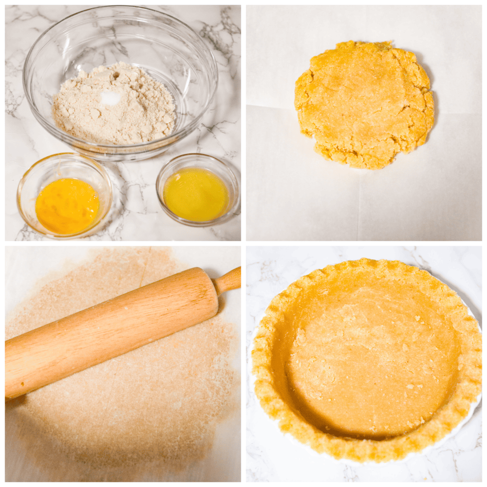 Not only is this gluten-free pie crust buttery and delicious, but it only takes 4 simple ingredients to make! It’s also keto-friendly, making it the perfect diet-conscious choice for Thanksgiving! 4-photo collage of pie dough ingredients being mixed together, rolled out, and added to a pie dish.