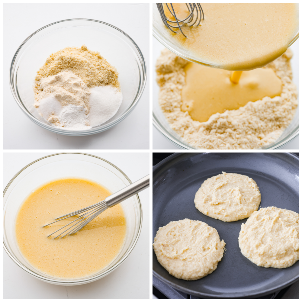 Sweet, fluffy, and keto-friendly! These delicious keto pancakes are a simple and healthy brunch option for when your craving a carb-filled breakfast but don't want to mess up your macros. 4-photo collage of batter being prepared.