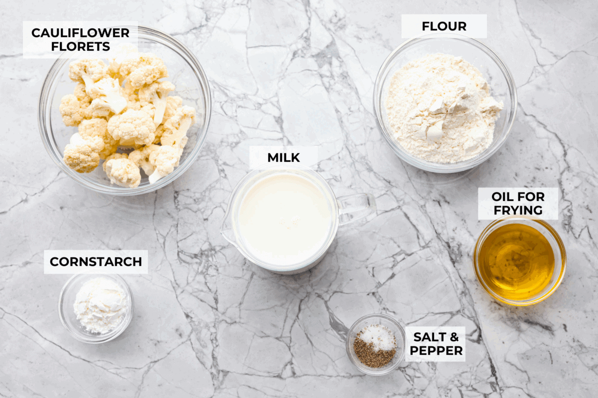 Fried cauliflower is my go-to crispy, low-carb snack that sneaks in some extra veggies and fiber. I make them for my kids all the time. They think they’re just getting a treat, but I know better! Overhead shot of labeled ingredients.