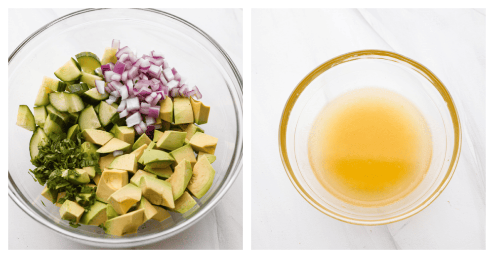 Cucumber avocado salad is the ultimate combination of creamy and crisp, tossed in a mouthwatering dressing made of lime juice, olive oil, and garlic! It's light, flavorful, and perfect for serving alongside all of your favorite summer meals. 2-photo collage of vegetables and dressing being prepared.
