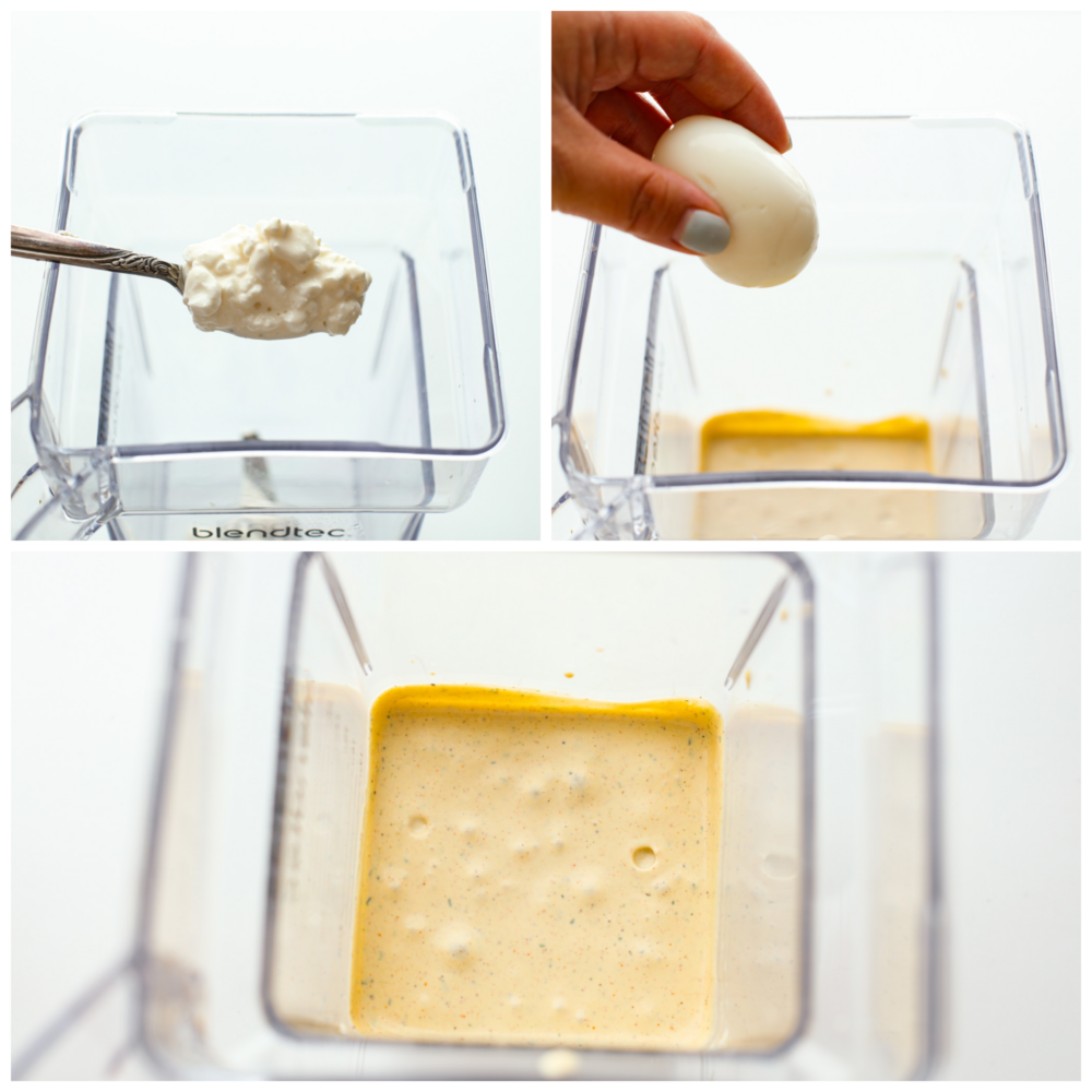Don't underestimate cottage cheese, because once you taste this flavorful dip loaded with herbs, spices, and hard-boiled eggs (reminiscent of deviled eggs), you'll keep coming back for seconds and thirds. 3-photo collage of the dip ingredients being added to a blender.